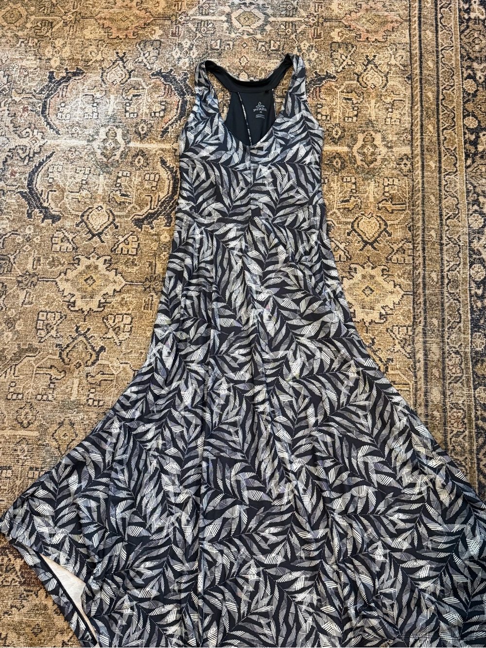Prana Black and White Leaf-Print Racerback Maxi Dress